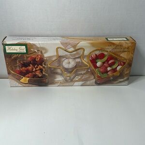 Vintage Indiana Glass Holiday Gold 3pc Party Set - Shaped Bowls - Made in USA